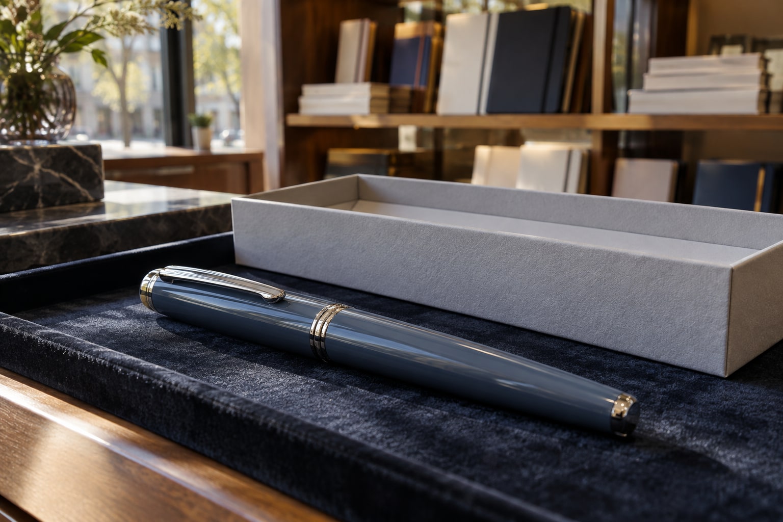 An unbranded blue pen on a velvet shop tray beside a plain box