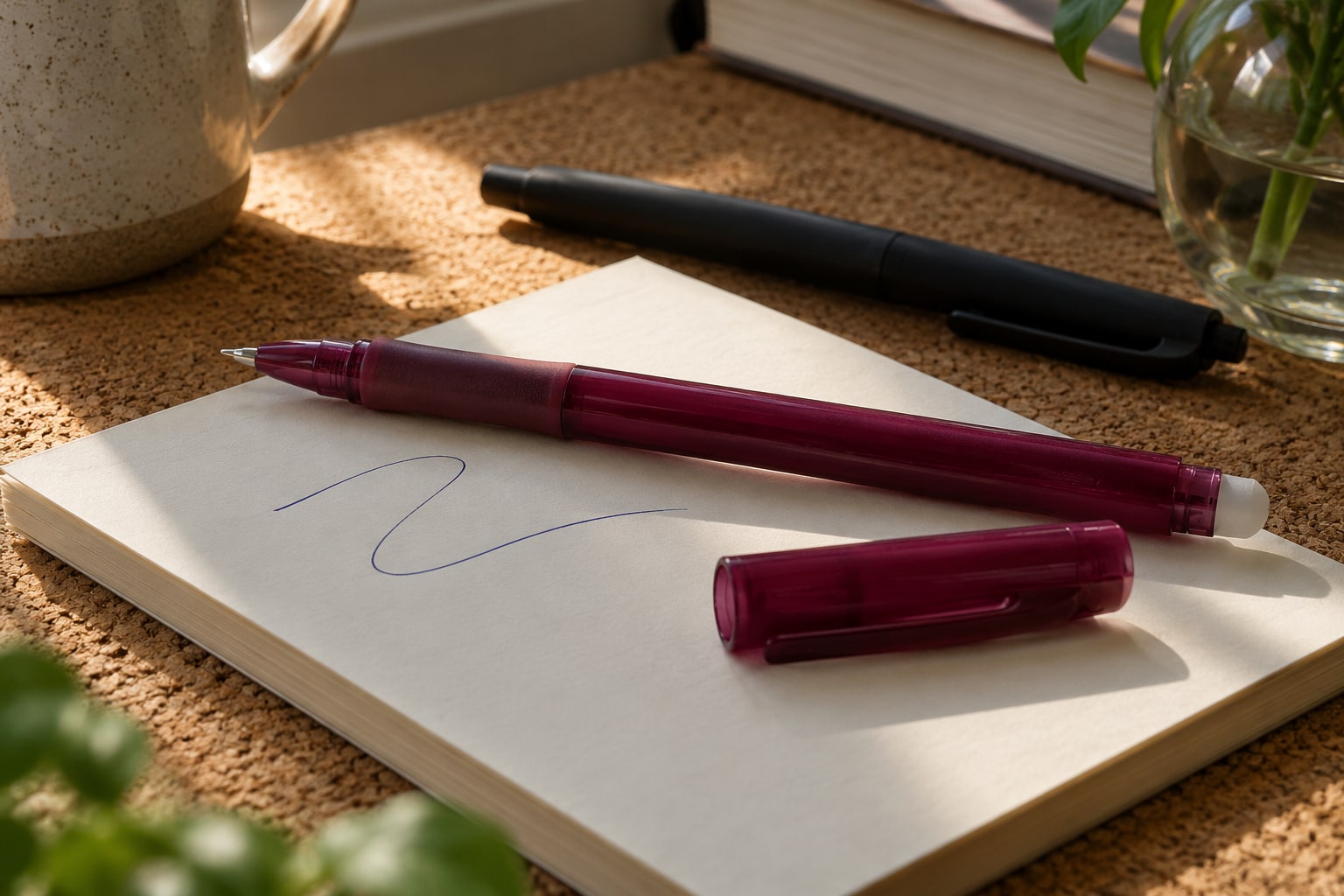 A generic erasable-style pen and a separate black writing pen on a memo pad