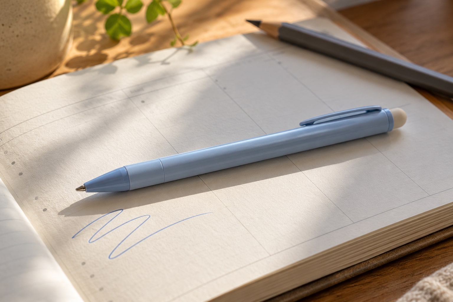 青い筆記具と書き直し用のメモページ