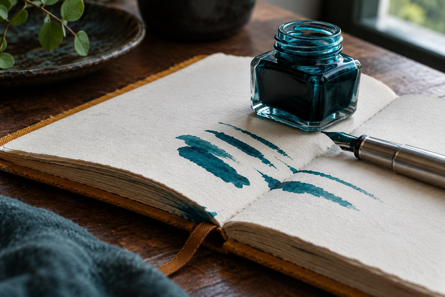 A notebook with teal ink marks beside a small unlabelled ink bottle