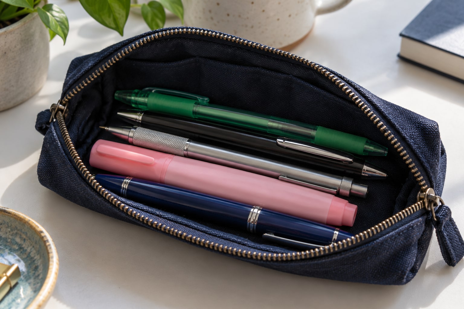 Five distinct writing tools in an open indigo canvas pencil case