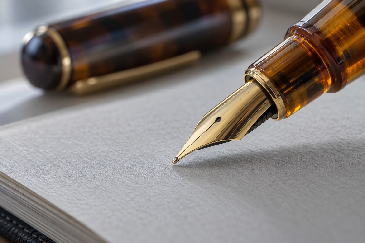 A gold fountain pen nib above textured notebook paper