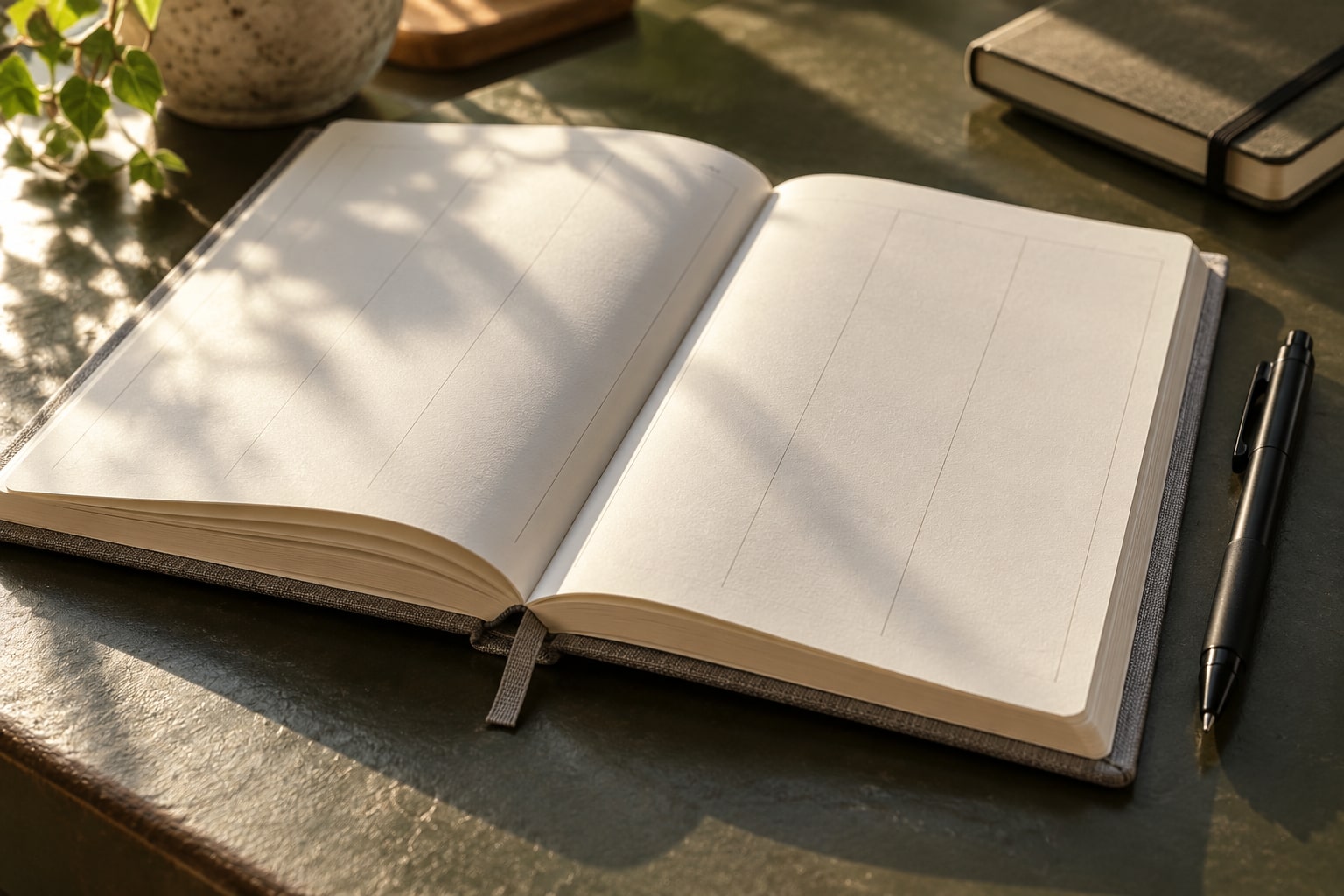An open planner with vertical ruling and a black pen