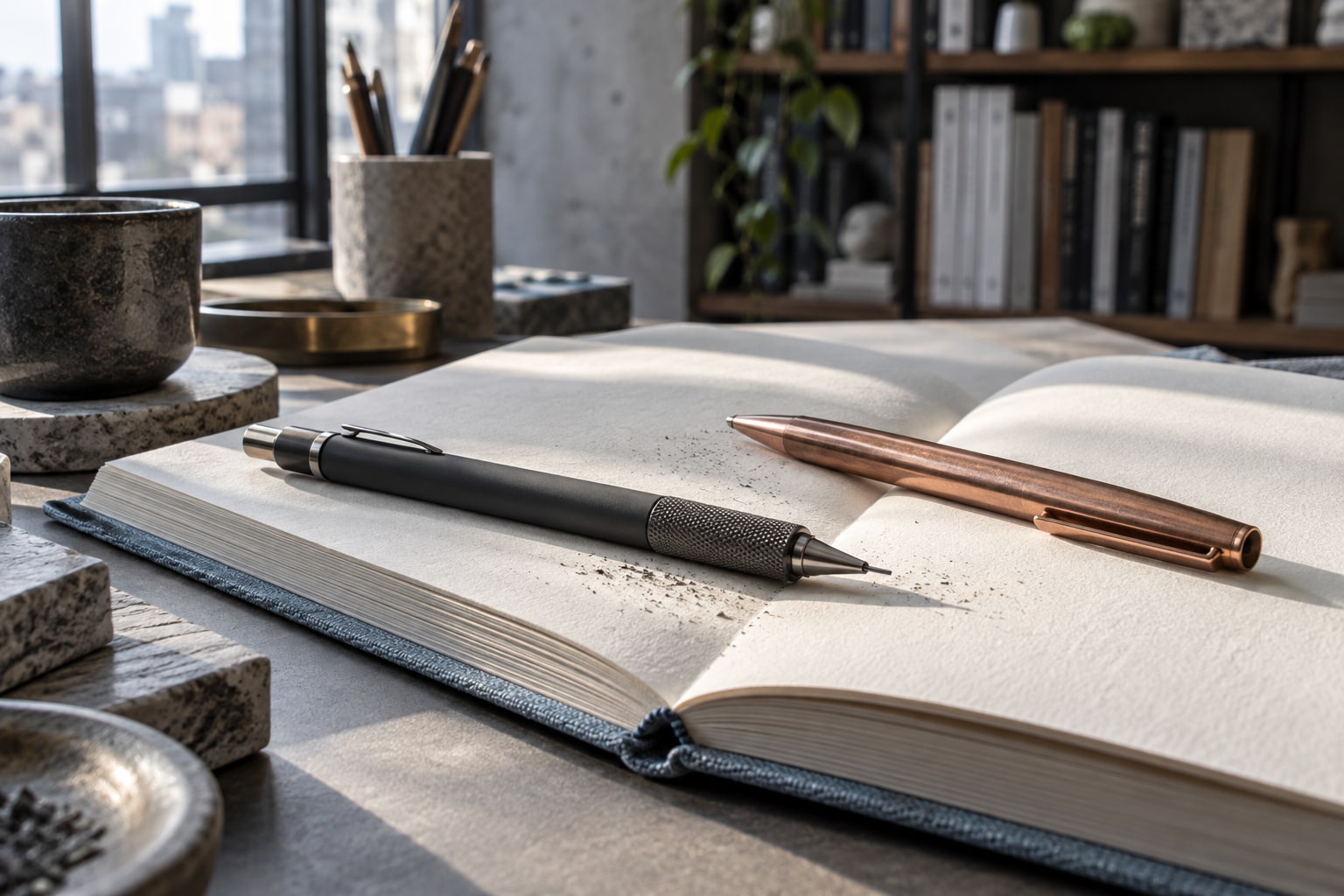 A copper pen and graphite pencil beside an open clothbound notebook